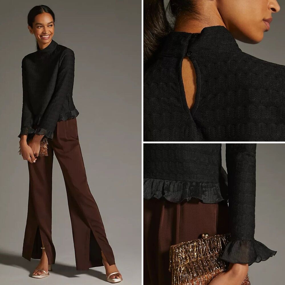 Anthropologie Tassel Ruffle Turtleneck Pull Over Top Black M